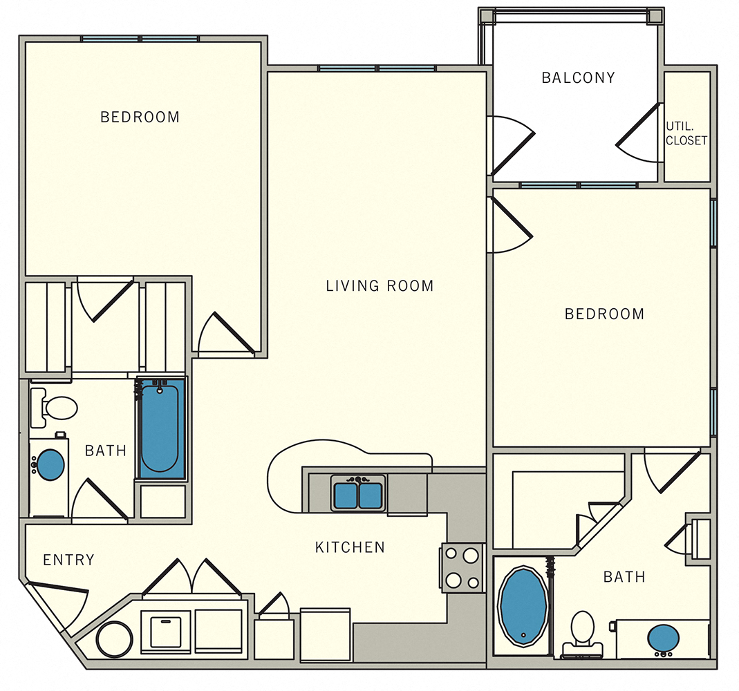Floor plan for 2 beds, 2 baths, 1025 sqft